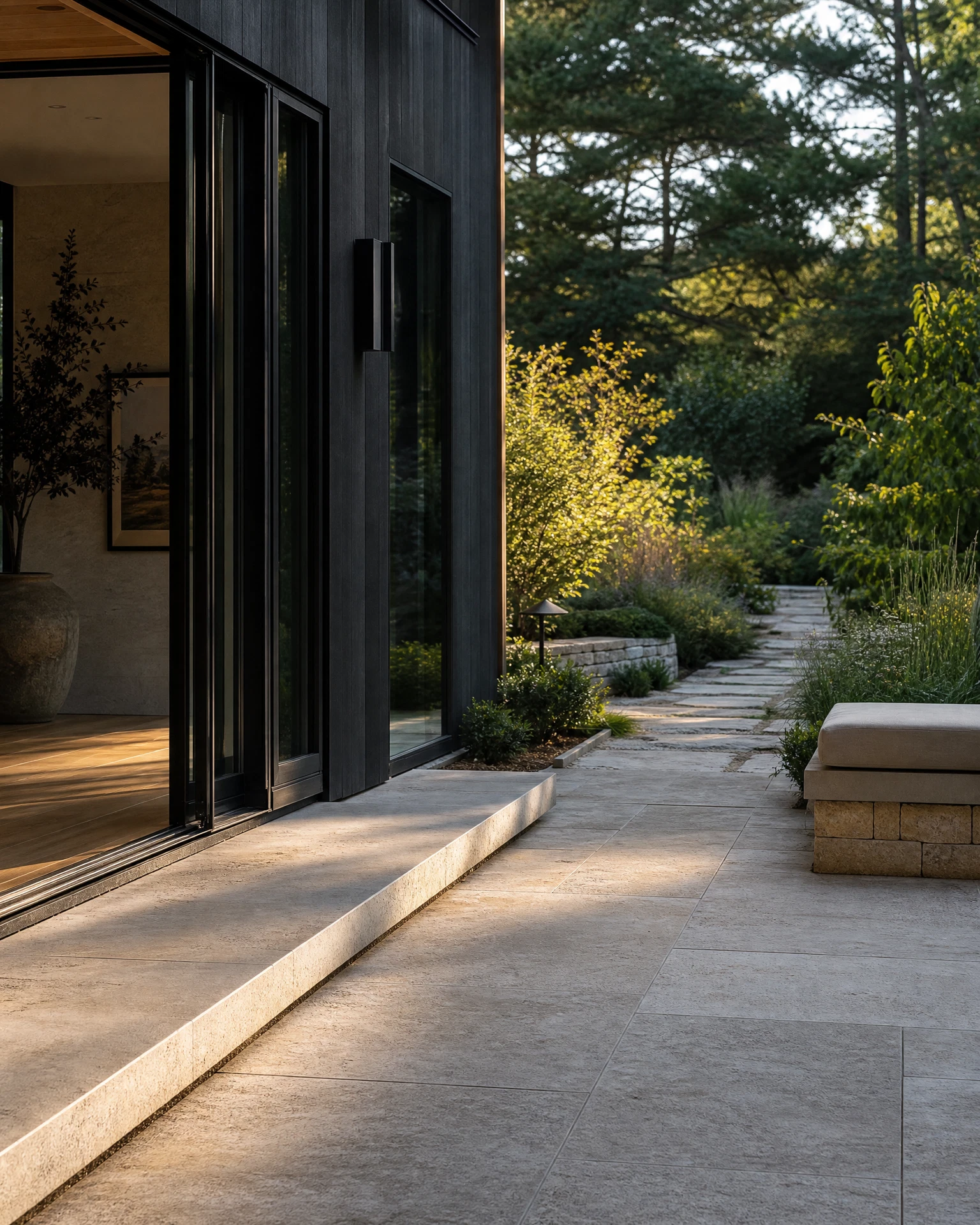 Architectural threshold, limestone step, and planting arranged to guide movement