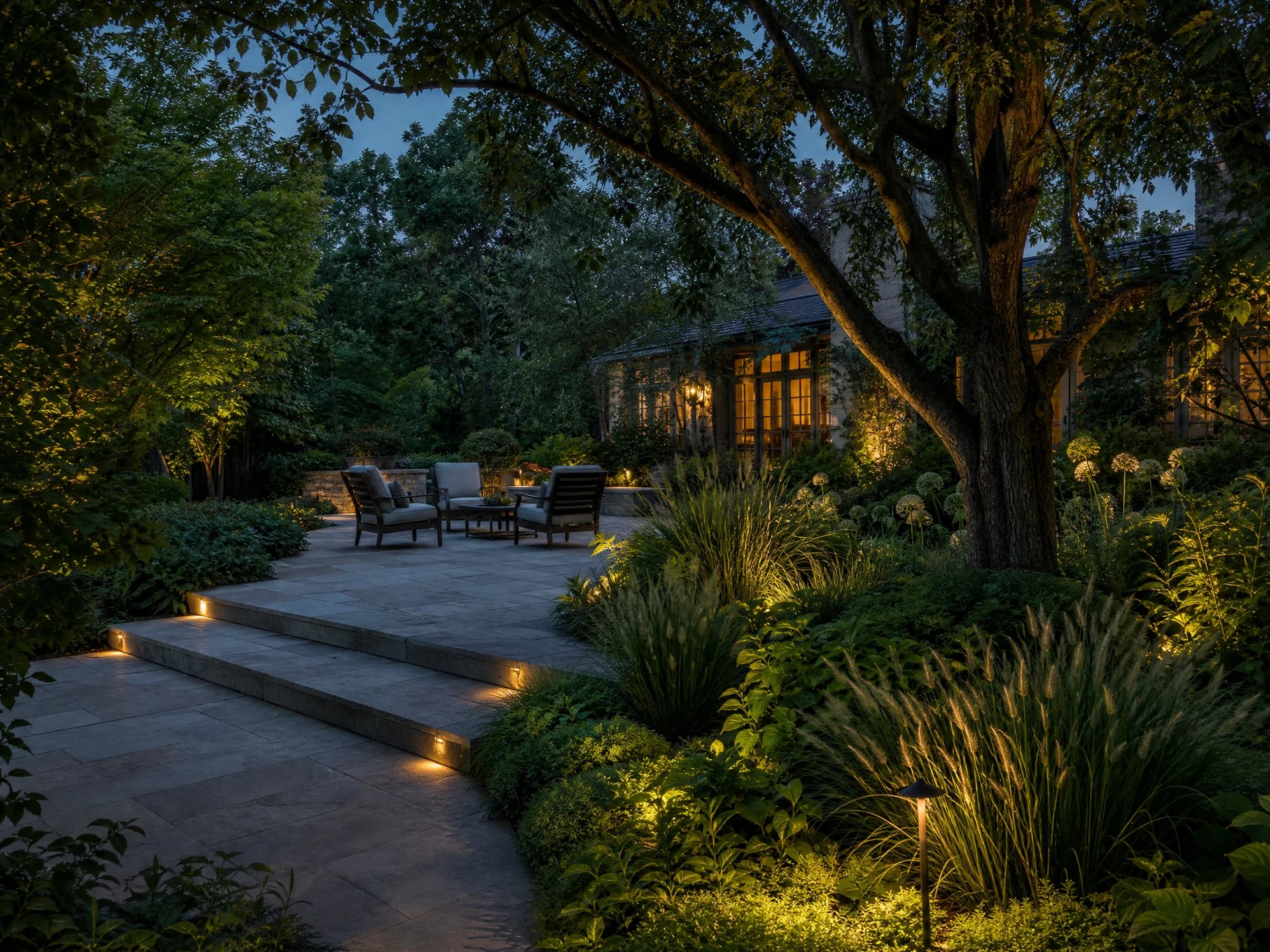 Inviting outdoor garden room with stone terrace, layered planting, and subtle evening light