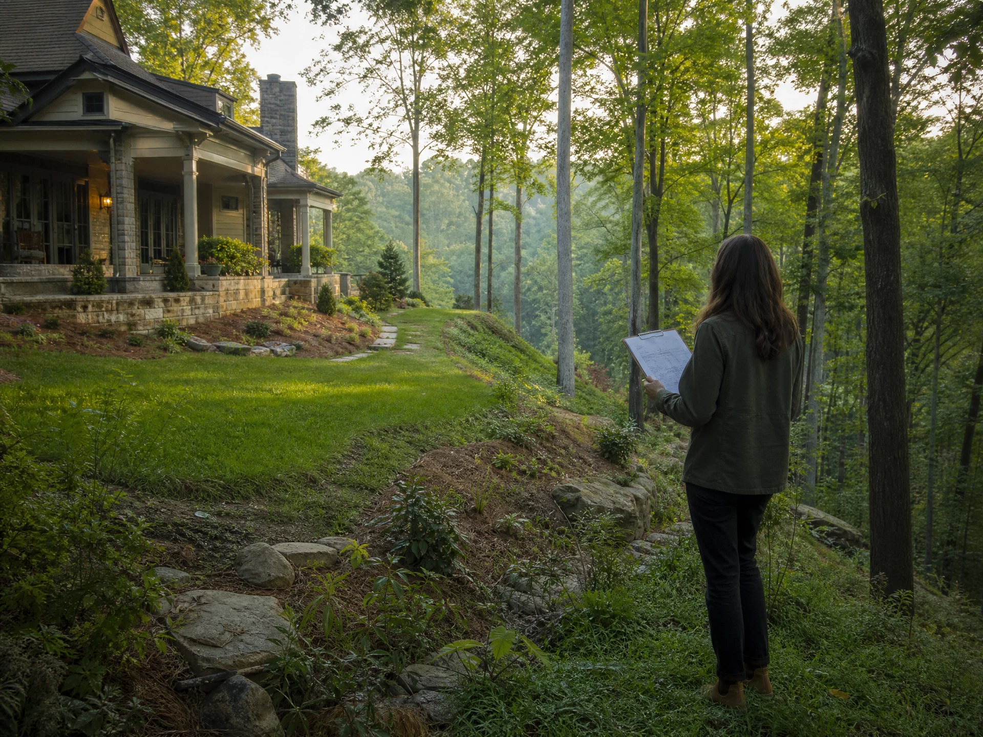 Anonymous landscape professional observing terrain, canopy, drainage, and existing planting