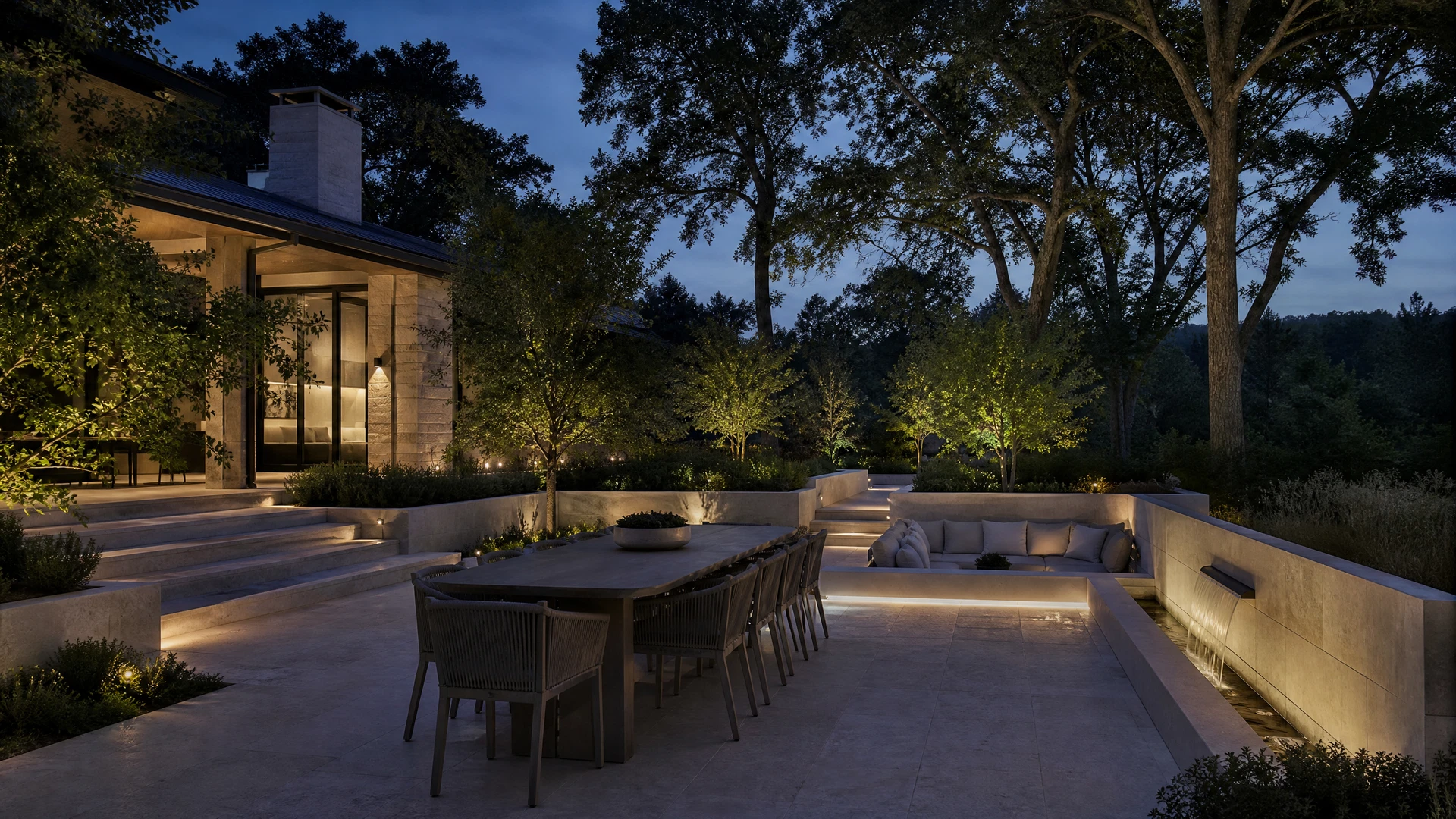 Architectural outdoor dining terrace surrounded by layered planting