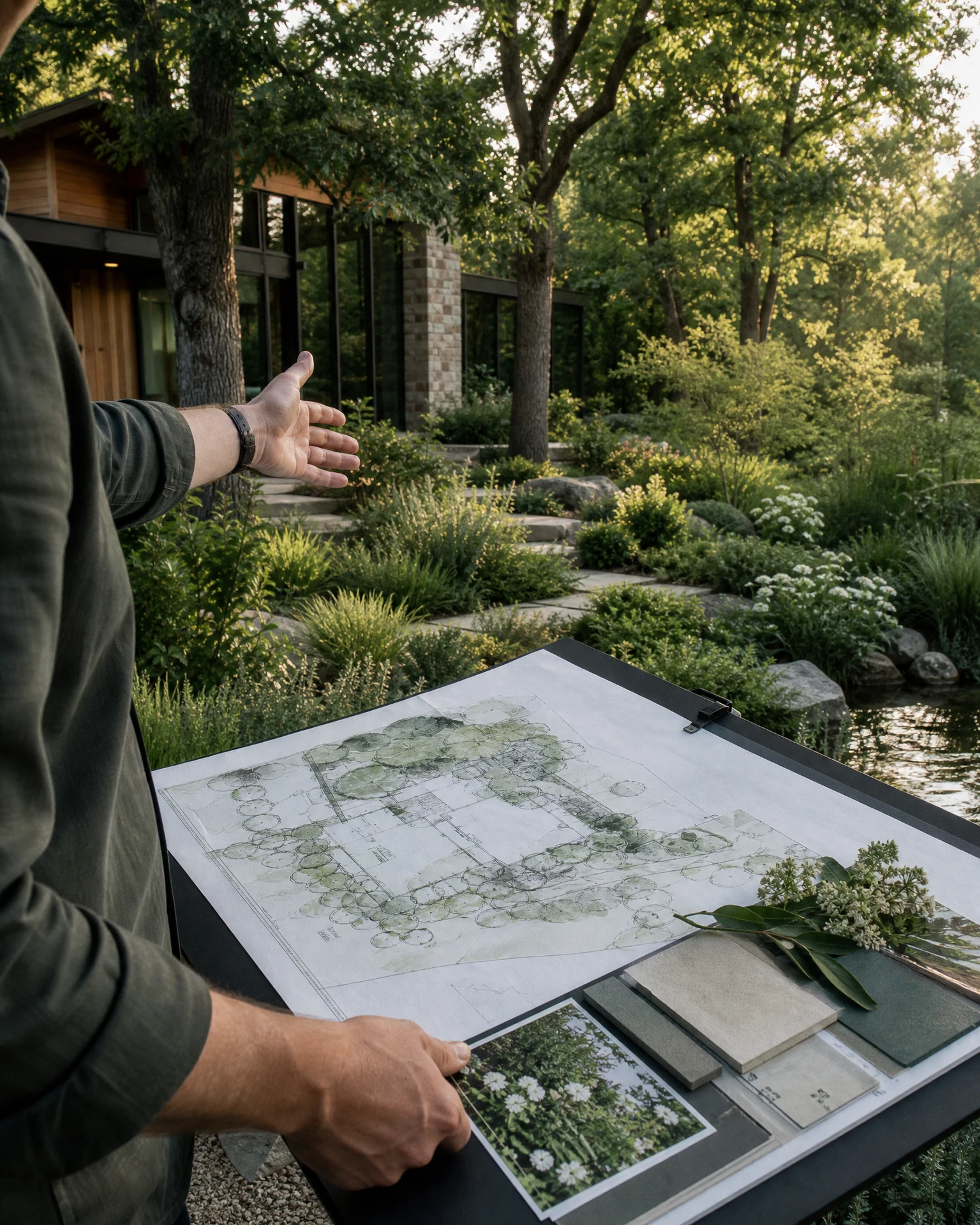 Anonymous landscape designer studying a site plan at a residential property